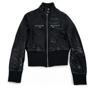 Moschino Jeans Moto Jacket Women's 6 Black Shiny Textured Wool Blend Italy Zip